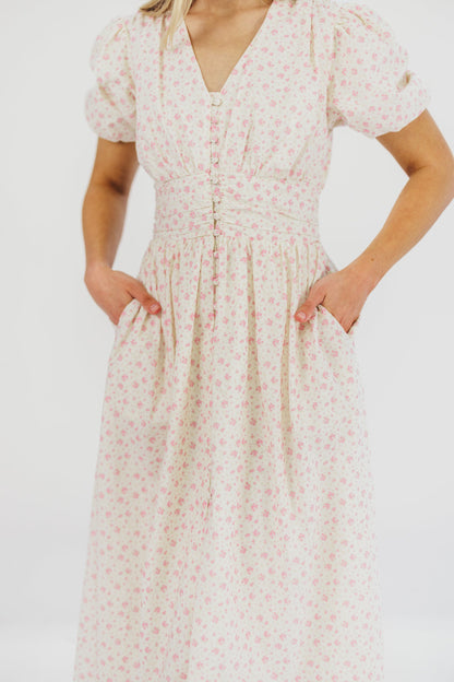 Billie Pleated Maxi Dress in White Pink Floral - Bump Friendly & Inclusive Sizing (S-3XL)