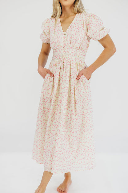 Billie Pleated Maxi Dress in White Pink Floral - Bump Friendly & Inclusive Sizing (S-3XL)