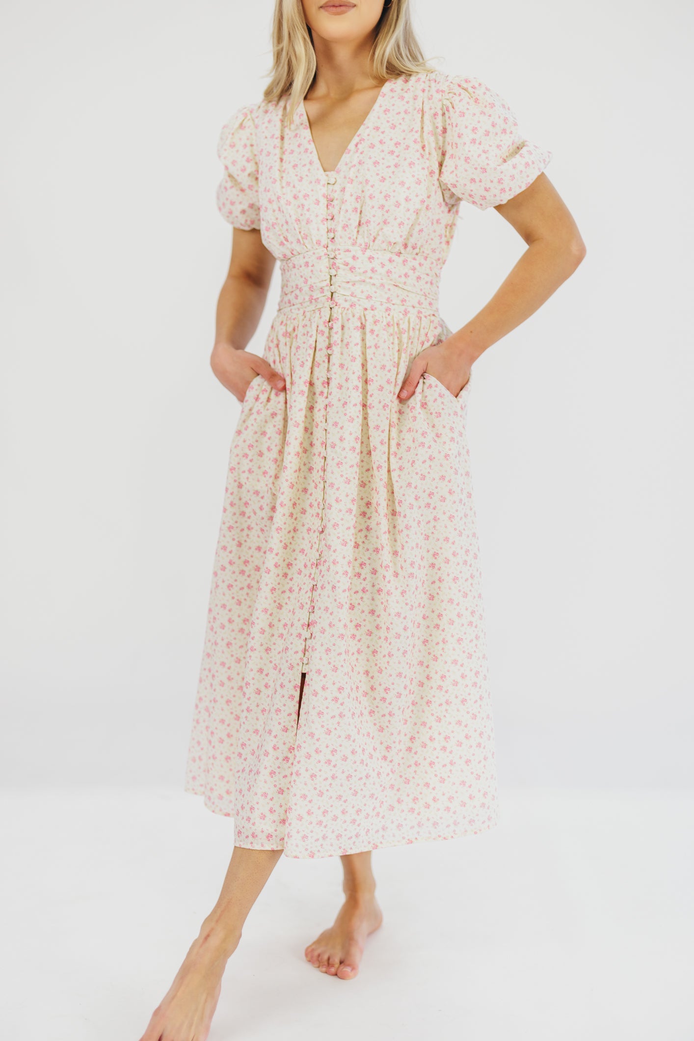 Billie Pleated Maxi Dress in White Pink Floral - Bump Friendly & Inclusive Sizing (S-3XL)