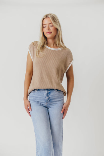 Stella Knit Sweater Vest Top with Contrast Rolled Edge in Natural