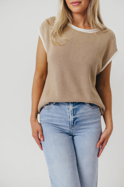 Stella Knit Sweater Vest Top with Contrast Rolled Edge in Natural