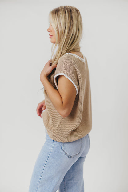 Stella Knit Sweater Vest Top with Contrast Rolled Edge in Natural