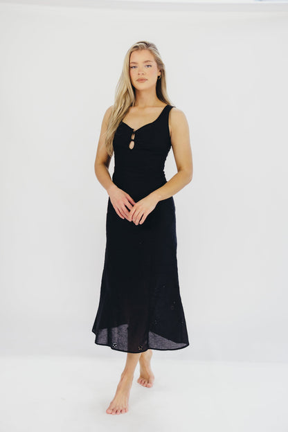 Nia Eyelet Midi Dress in Black