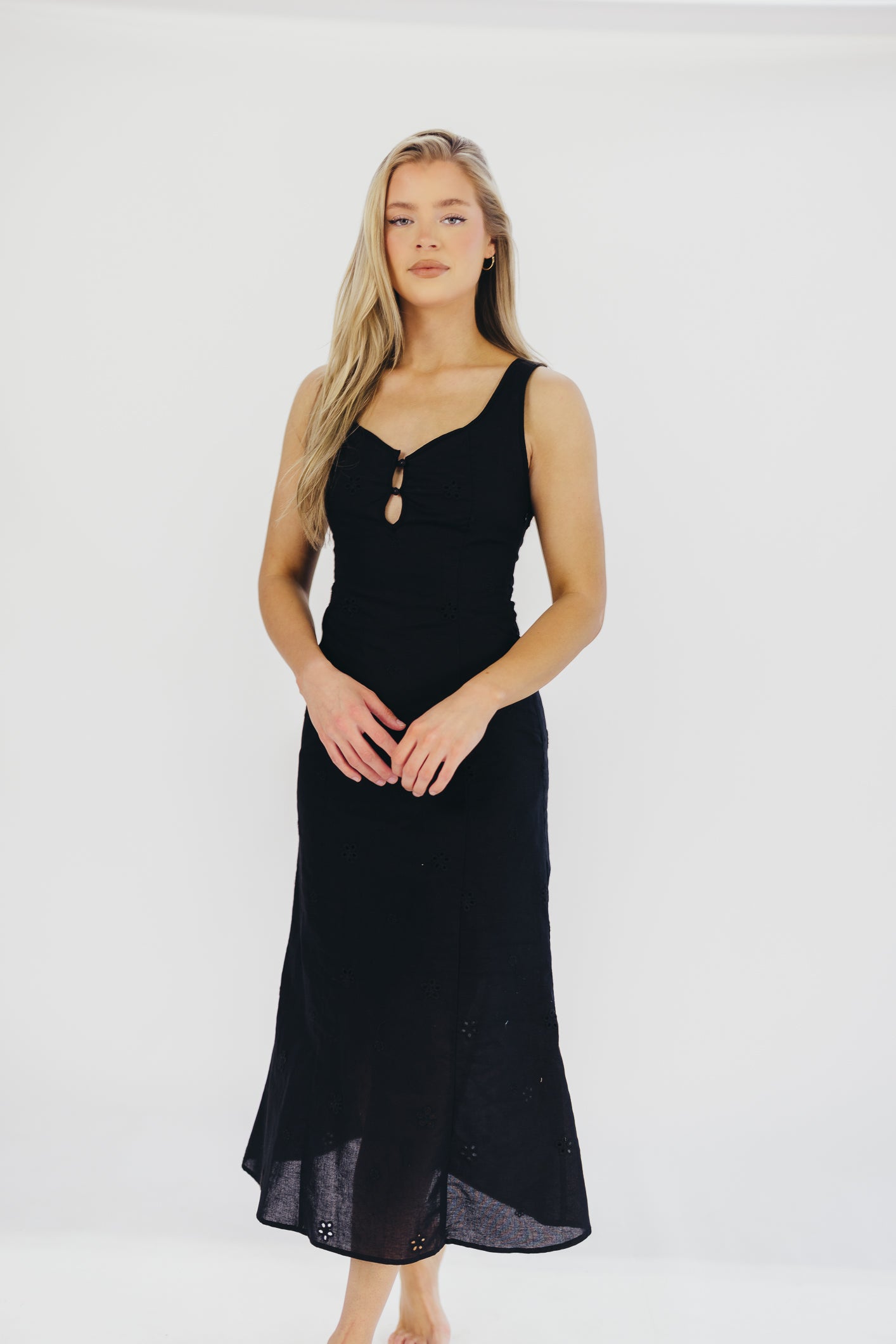 Nia Eyelet Midi Dress in Black