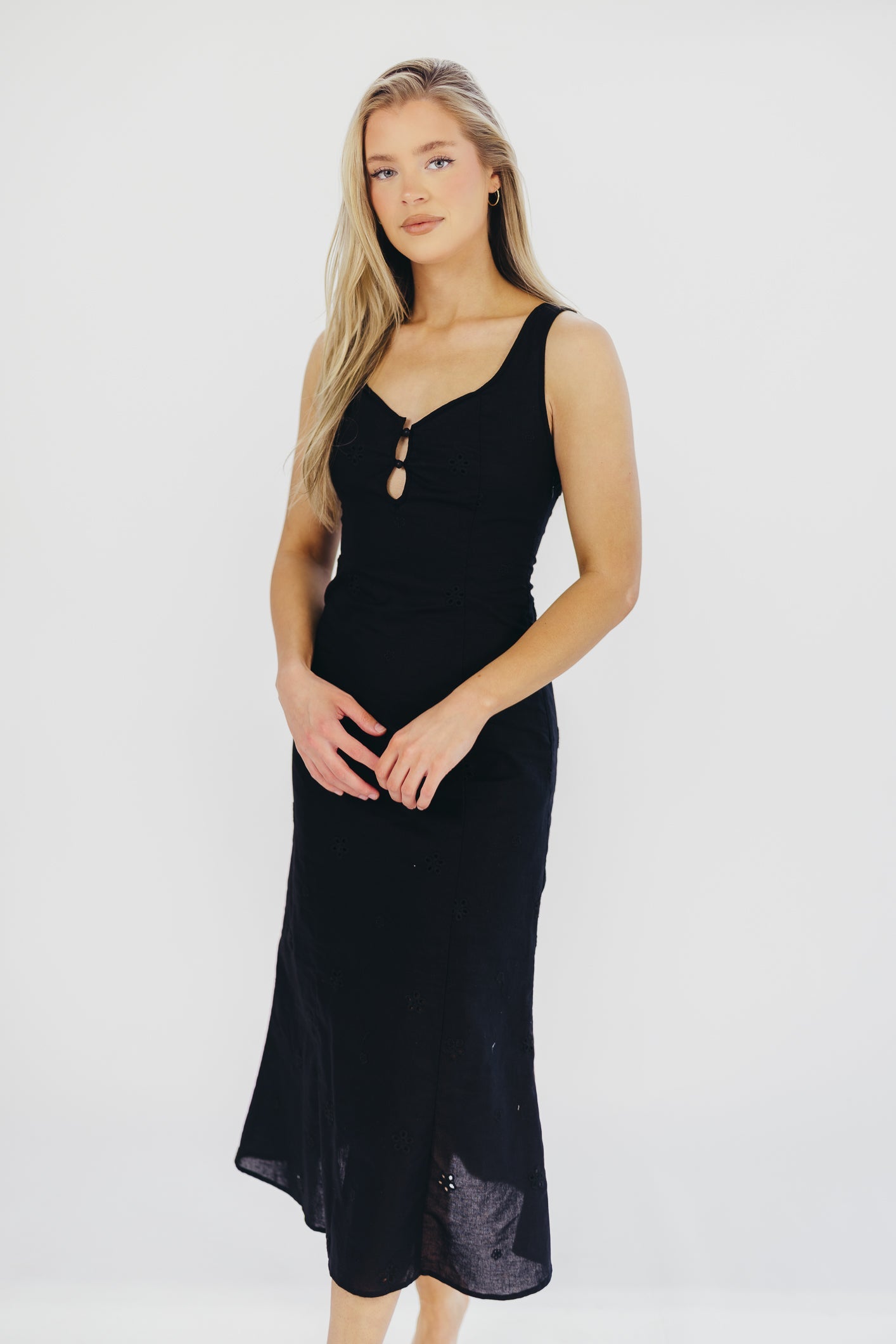 Nia Eyelet Midi Dress in Black