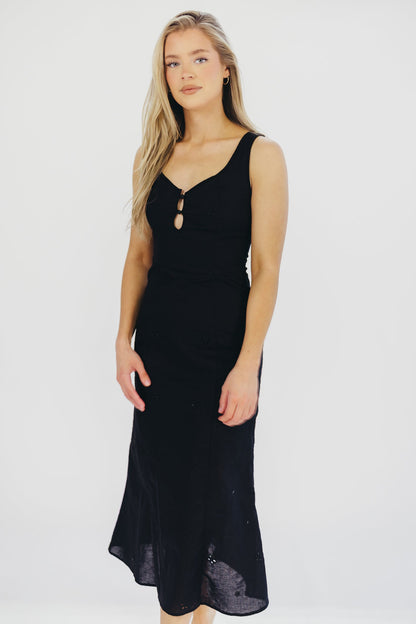 Nia Eyelet Midi Dress in Black