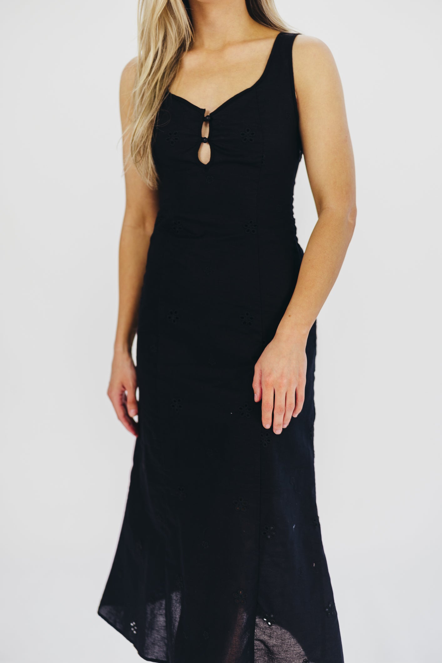 Nia Eyelet Midi Dress in Black