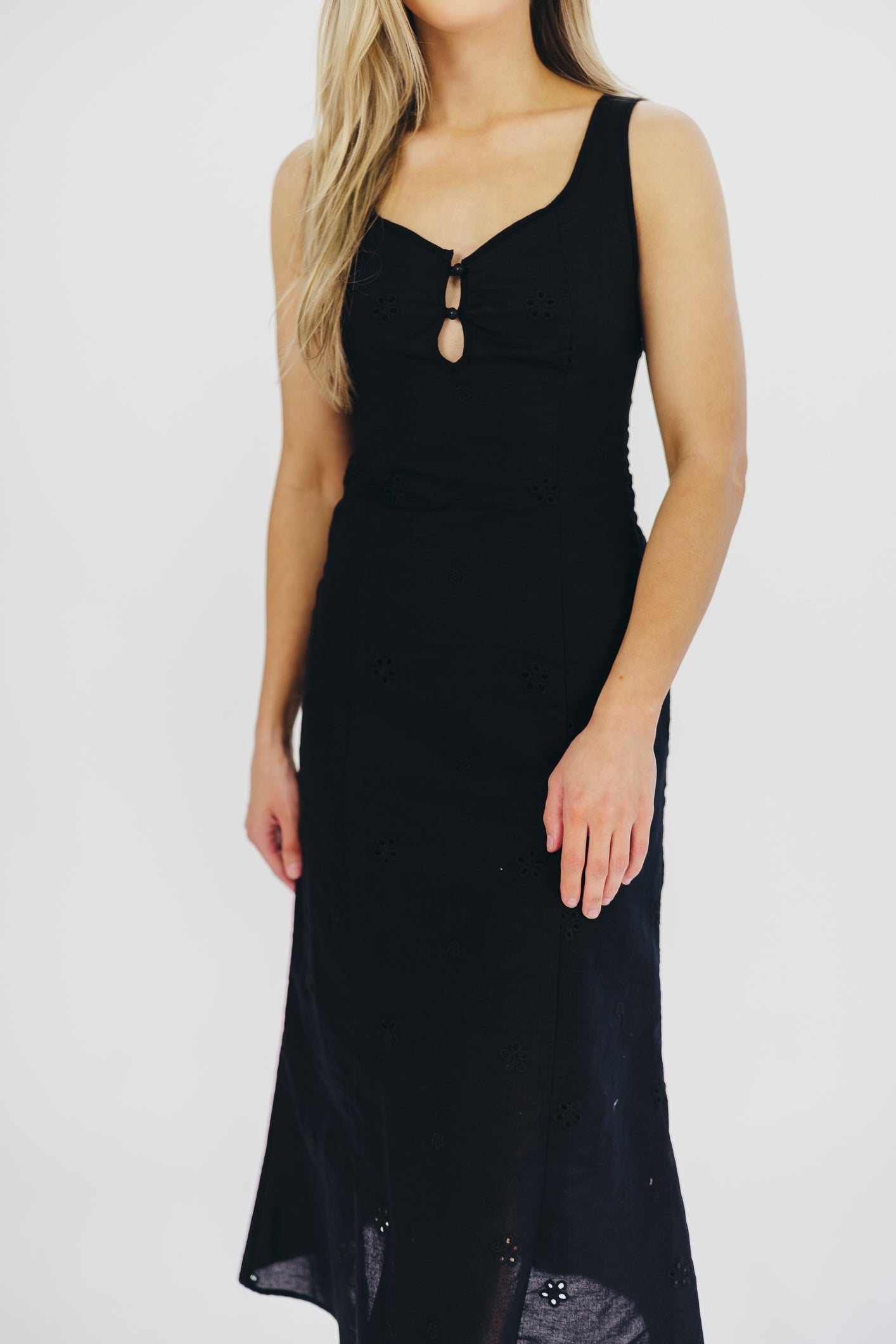 Nia Eyelet Midi Dress in Black