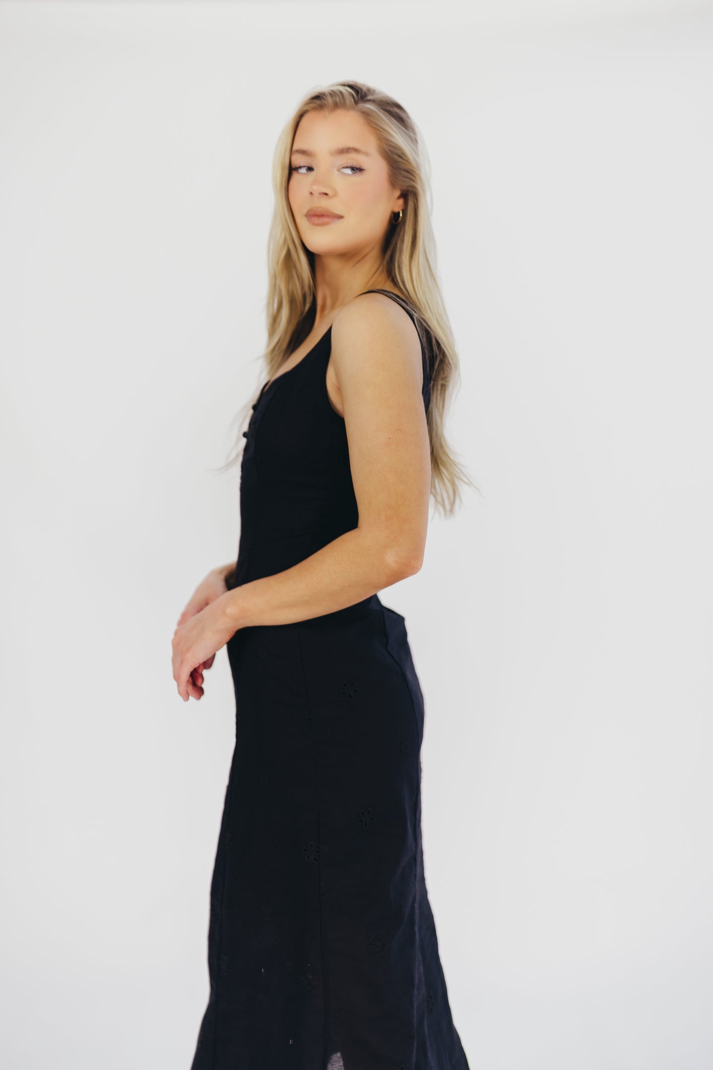 Nia Eyelet Midi Dress in Black