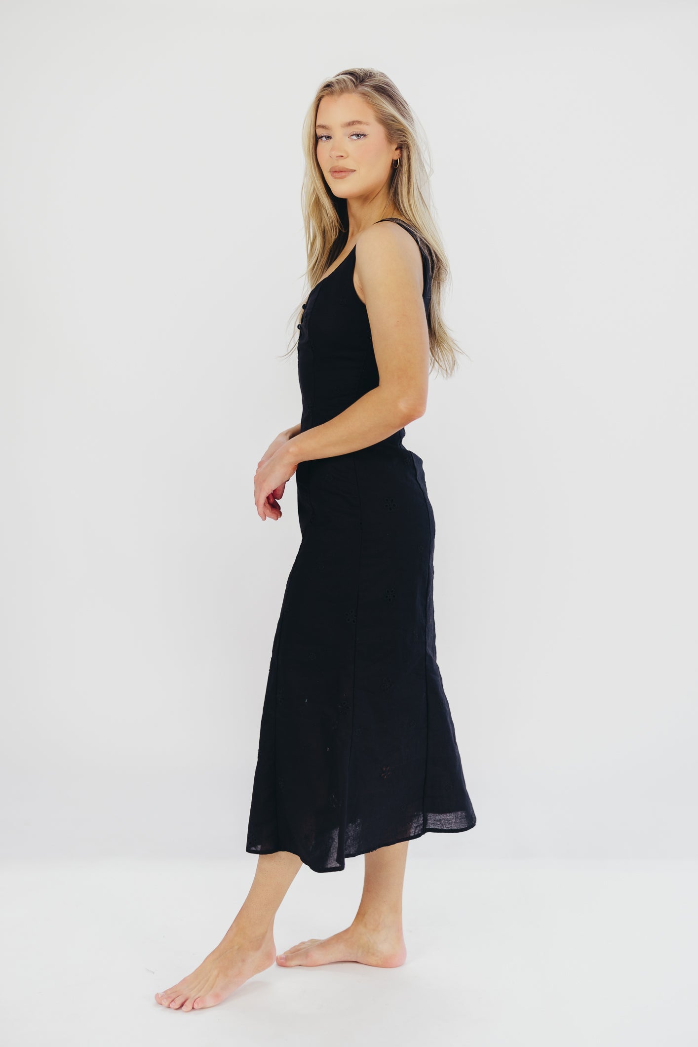 Nia Eyelet Midi Dress in Black