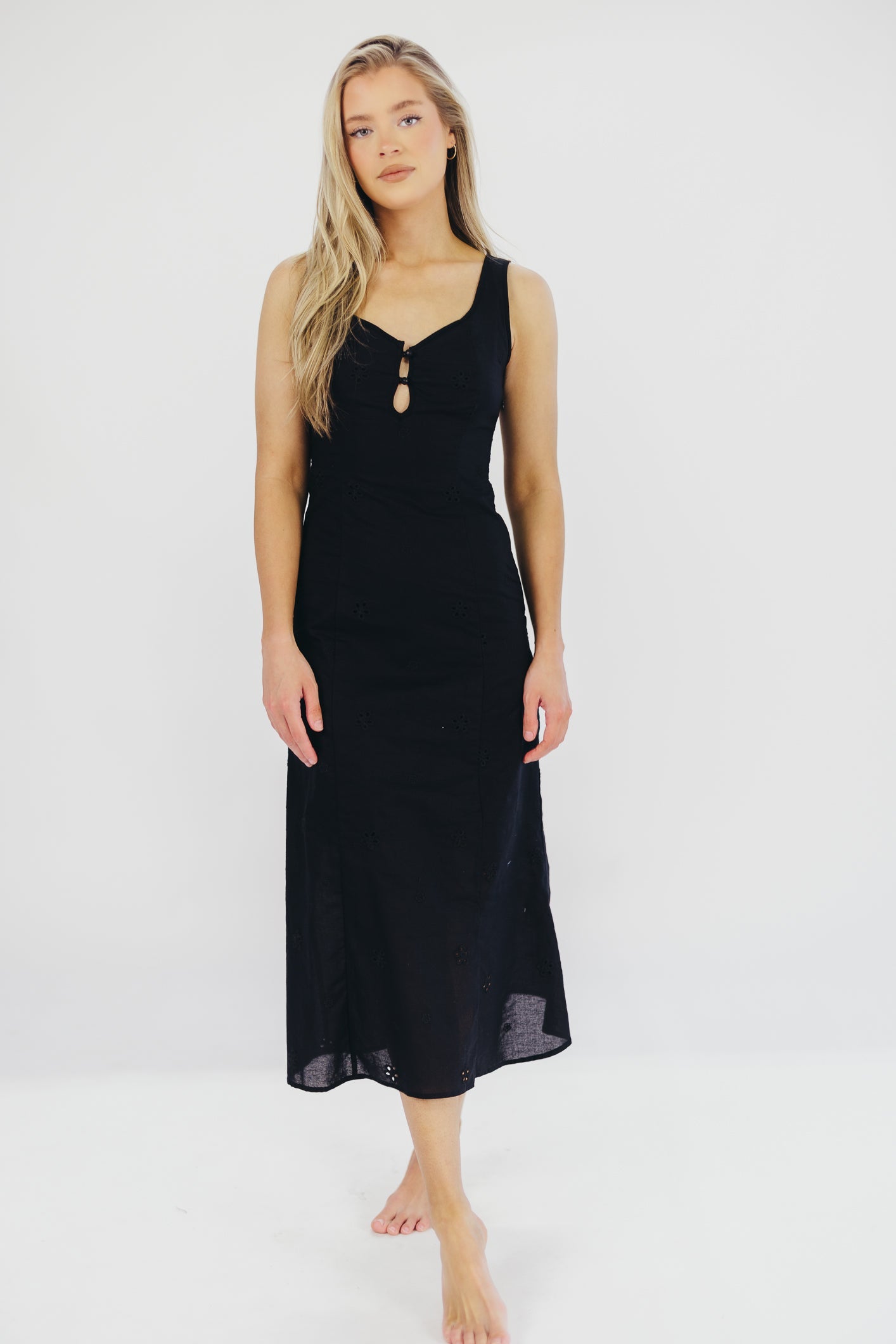 Nia Eyelet Midi Dress in Black