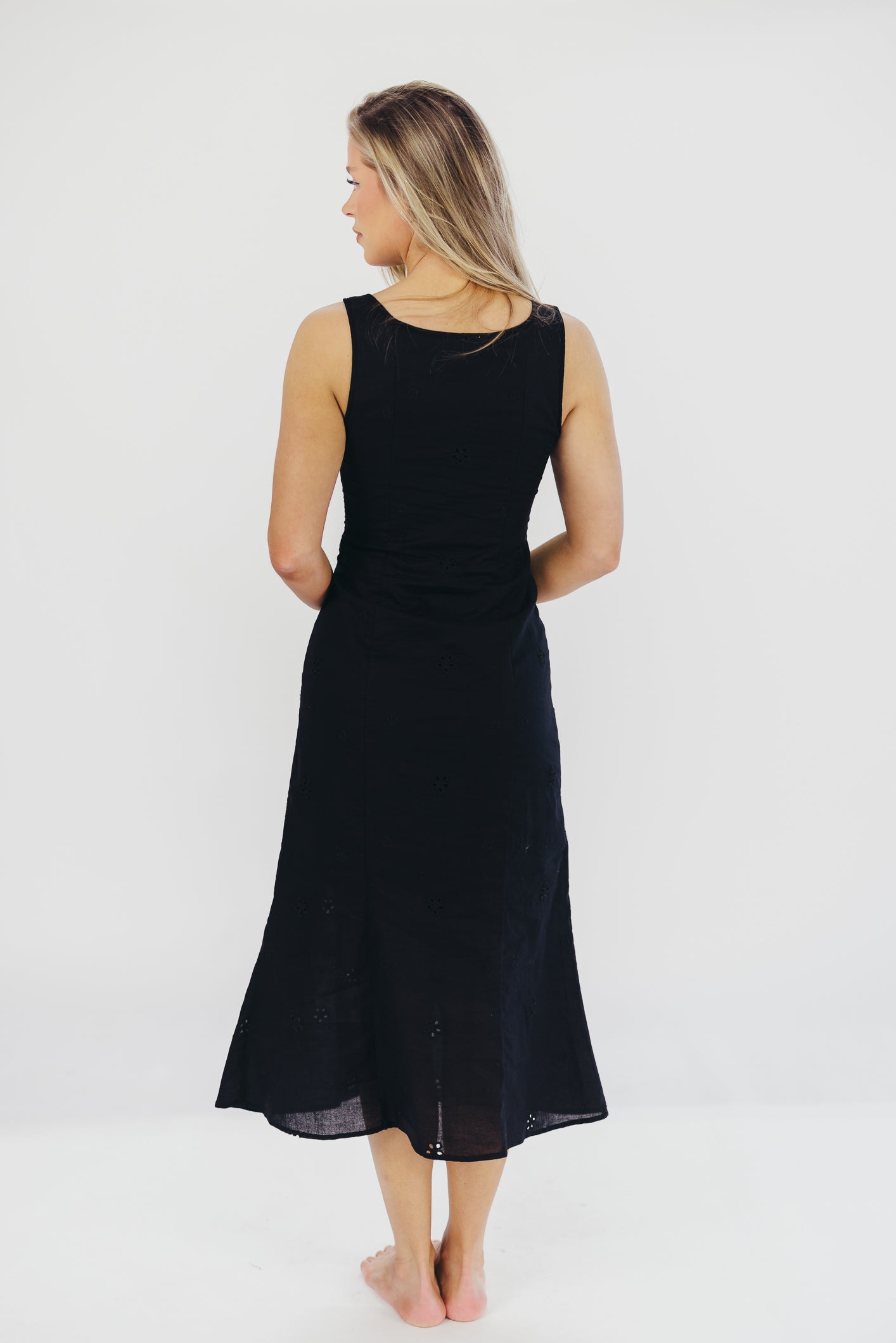 Nia Eyelet Midi Dress in Black