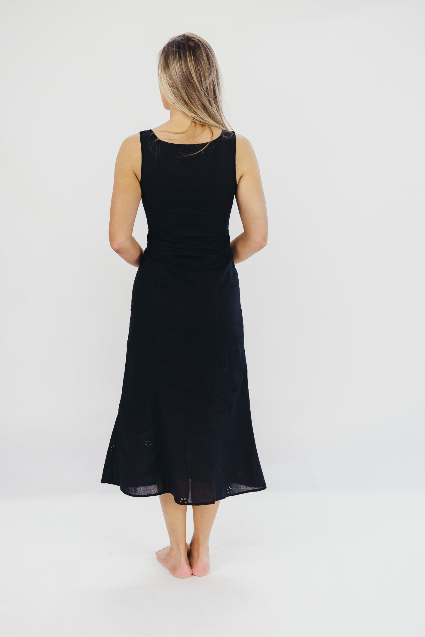 Nia Eyelet Midi Dress in Black