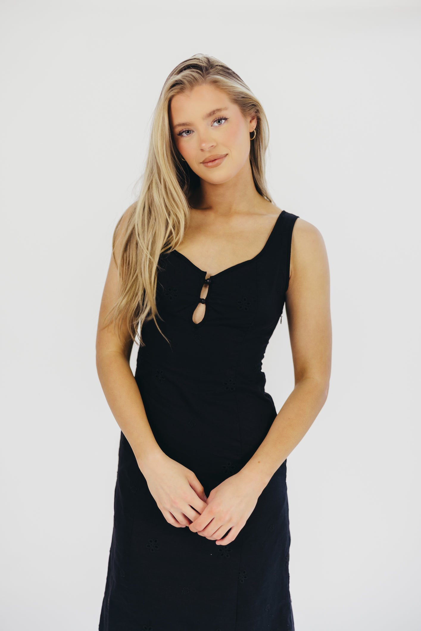 Nia Eyelet Midi Dress in Black