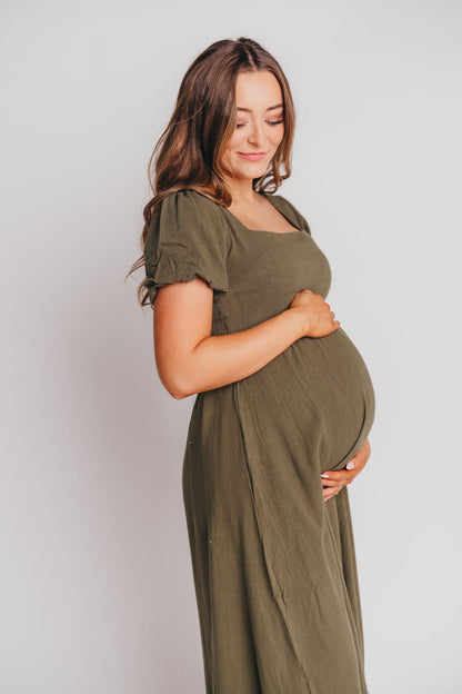 Ainsley Square Neck Midi Dress with Puffed Sleeves in Hunter Green - Bump Friendly