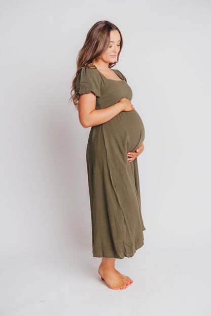 Ainsley Square Neck Midi Dress with Puffed Sleeves in Hunter Green - Bump Friendly