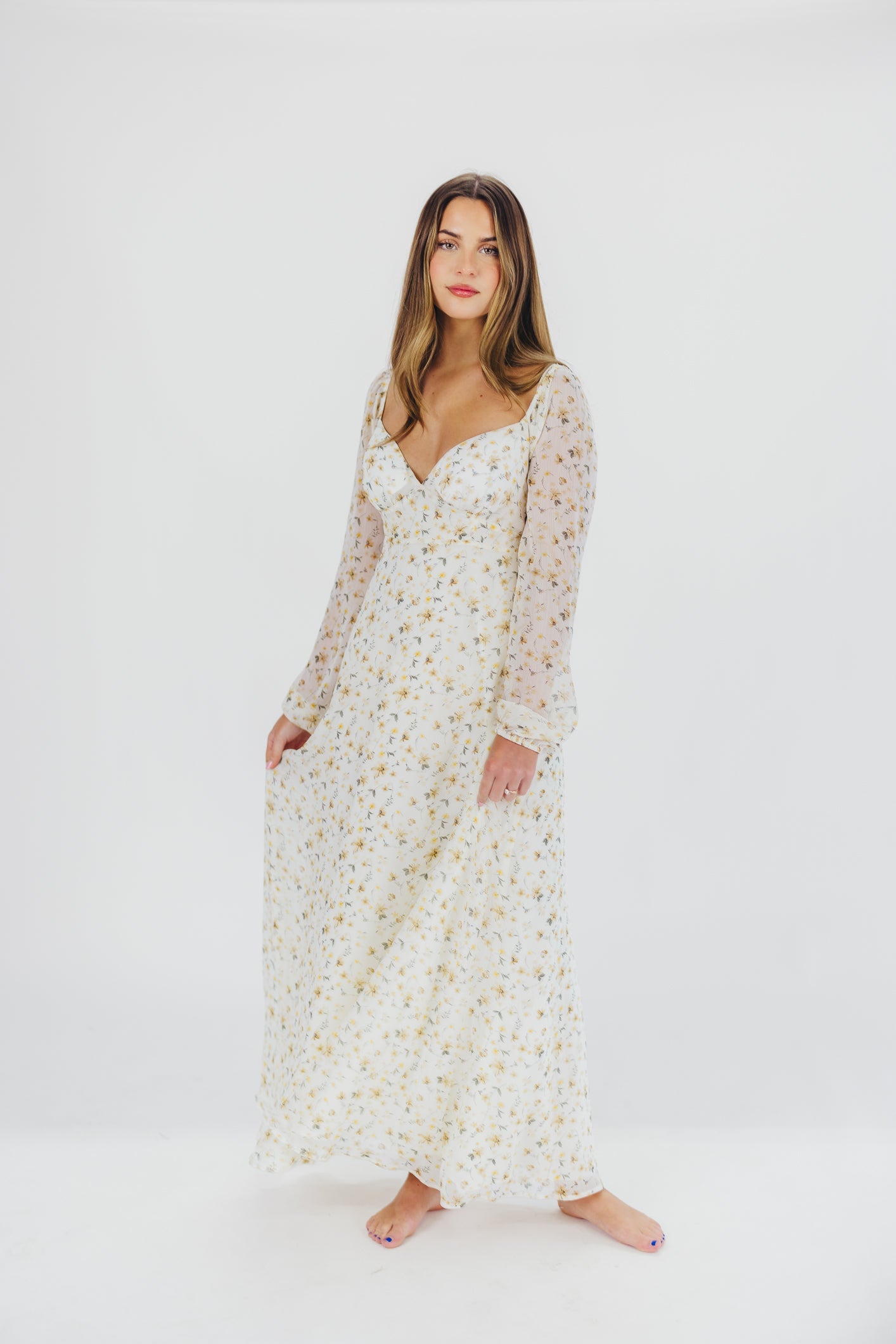 Parker Smocked Maxi Dress with Puffed Sleeves in Ivory/Yellow - Bump Friendly & Inclusive Sizing (S-3XL)