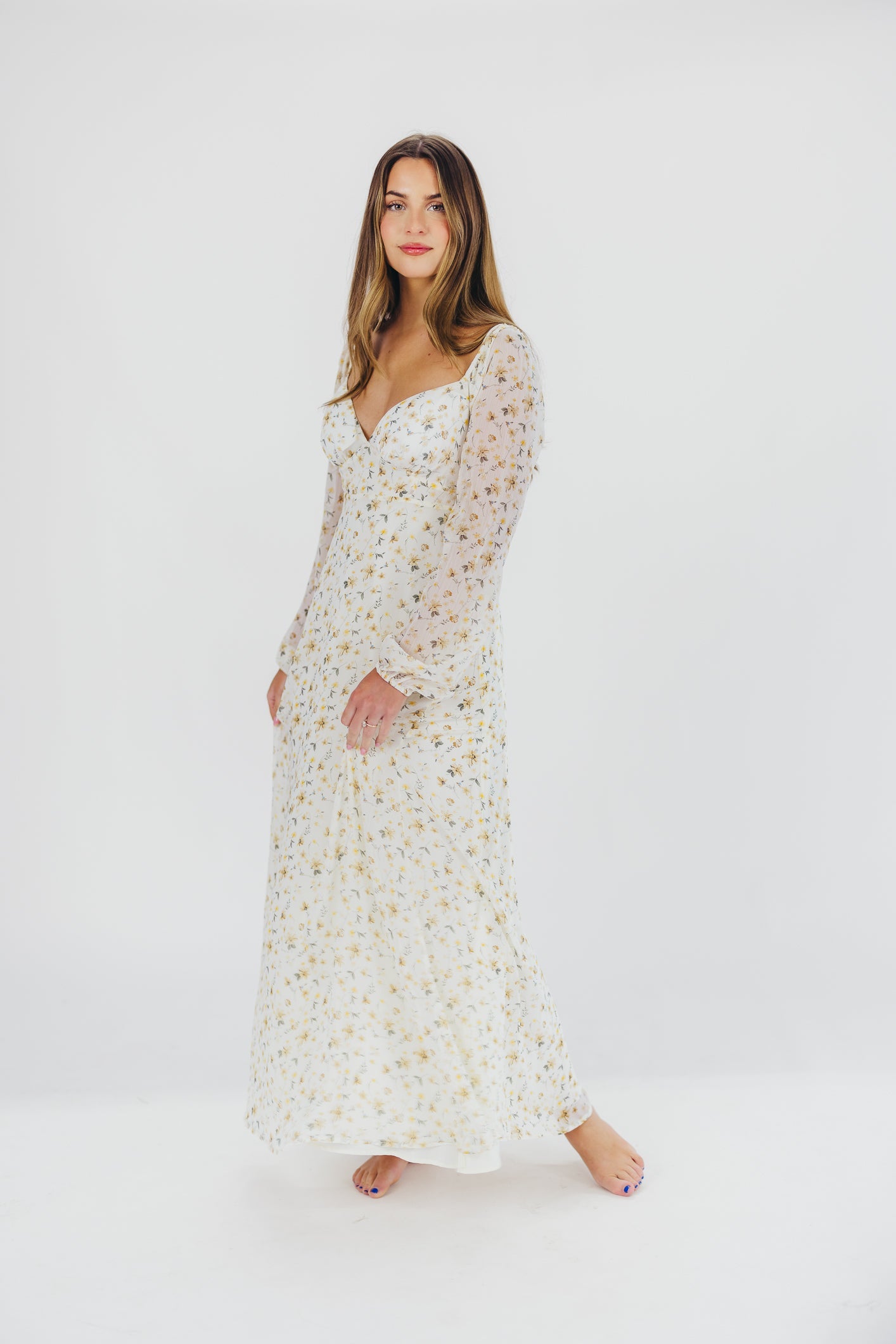 Parker Smocked Maxi Dress with Puffed Sleeves in Ivory/Yellow - Bump Friendly & Inclusive Sizing (S-3XL)