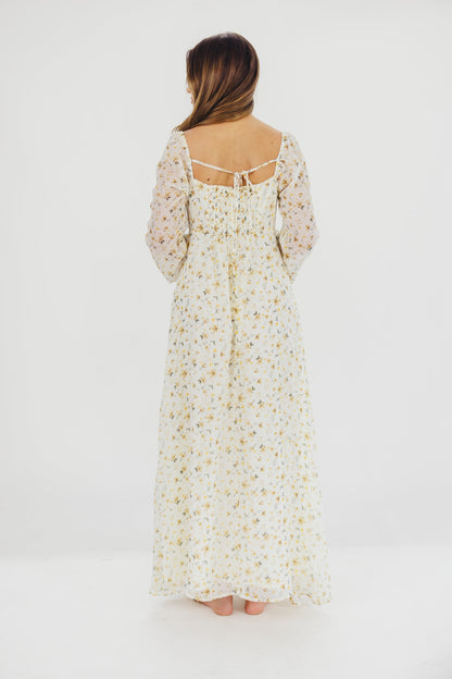 Parker Smocked Maxi Dress with Puffed Sleeves in Ivory/Yellow - Bump Friendly & Inclusive Sizing (S-3XL)