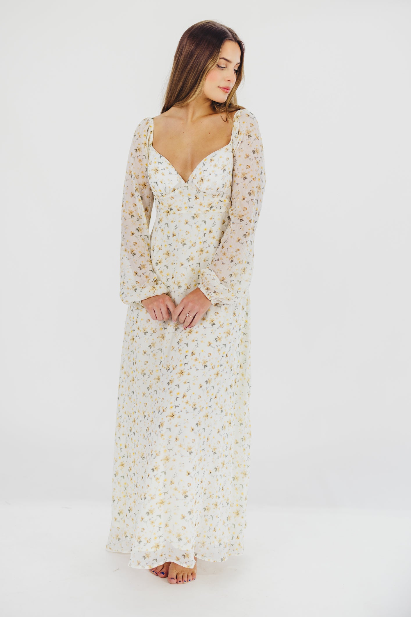 Parker Smocked Maxi Dress with Puffed Sleeves in Ivory/Yellow - Bump Friendly & Inclusive Sizing (S-3XL)