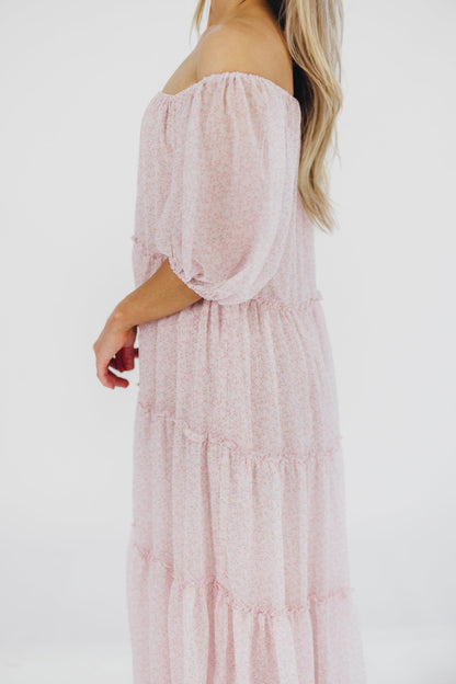 Eva Puffed Sleeve Maxi Dress in Light Pink Multi - Bump Friendly & Inclusive Sizing (S-3XL)