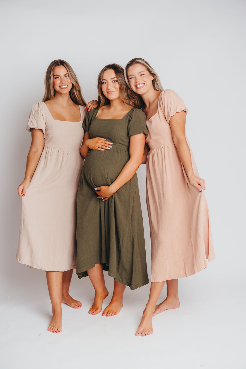 Ainsley Square Neck Midi Dress with Puffed Sleeves in Hunter Green - Bump Friendly