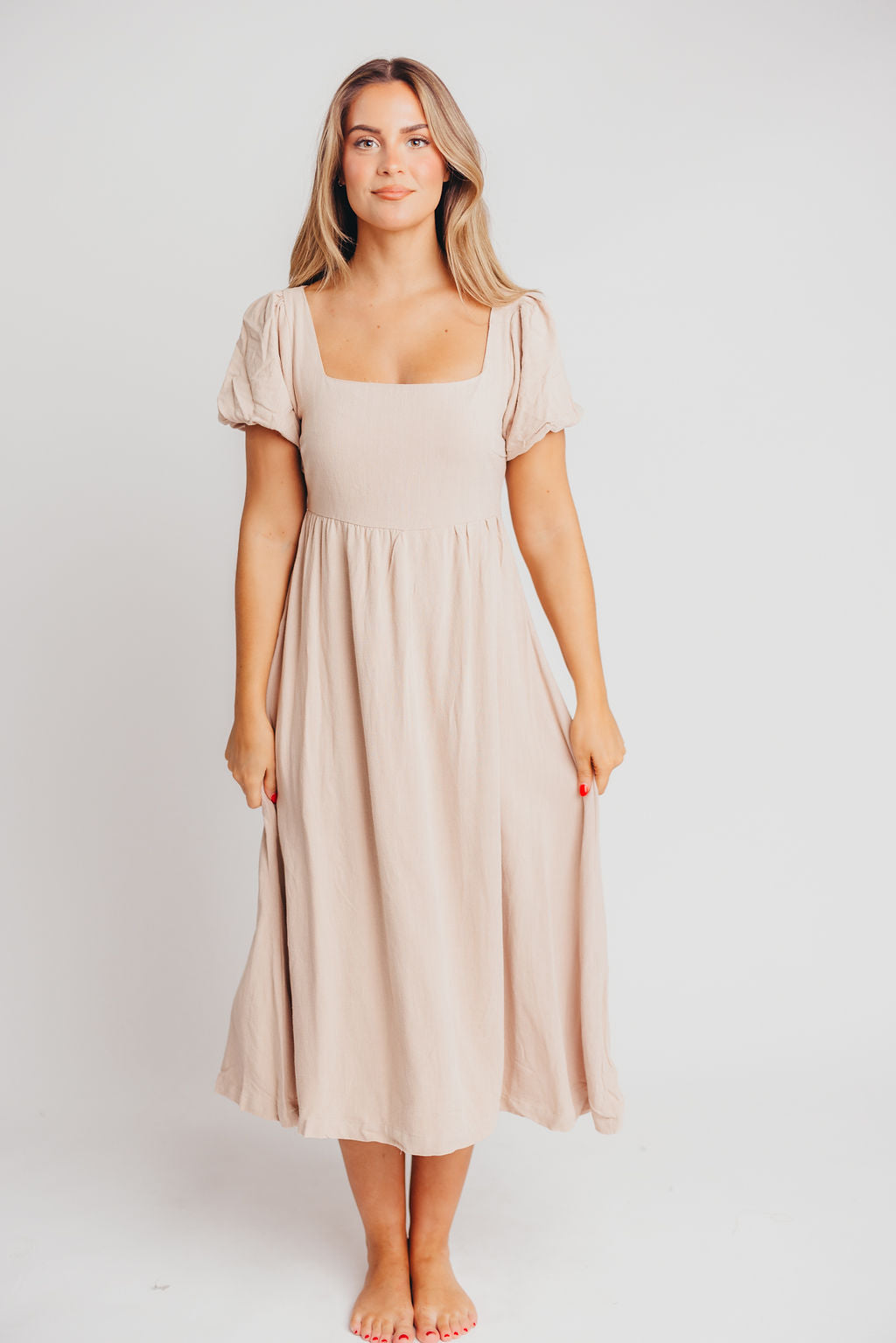 Ainsley Square Neck Midi Dress with Puffed Sleeves in Deep Taupe - Bump Friendly