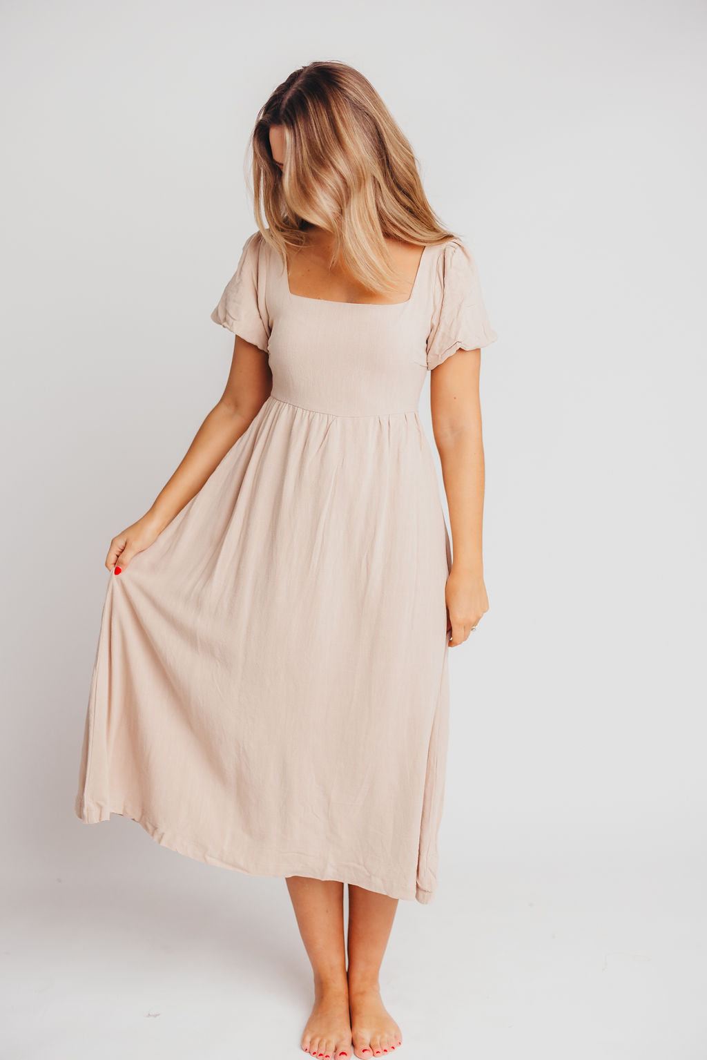 Ainsley Square Neck Midi Dress with Puffed Sleeves in Deep Taupe - Bump Friendly