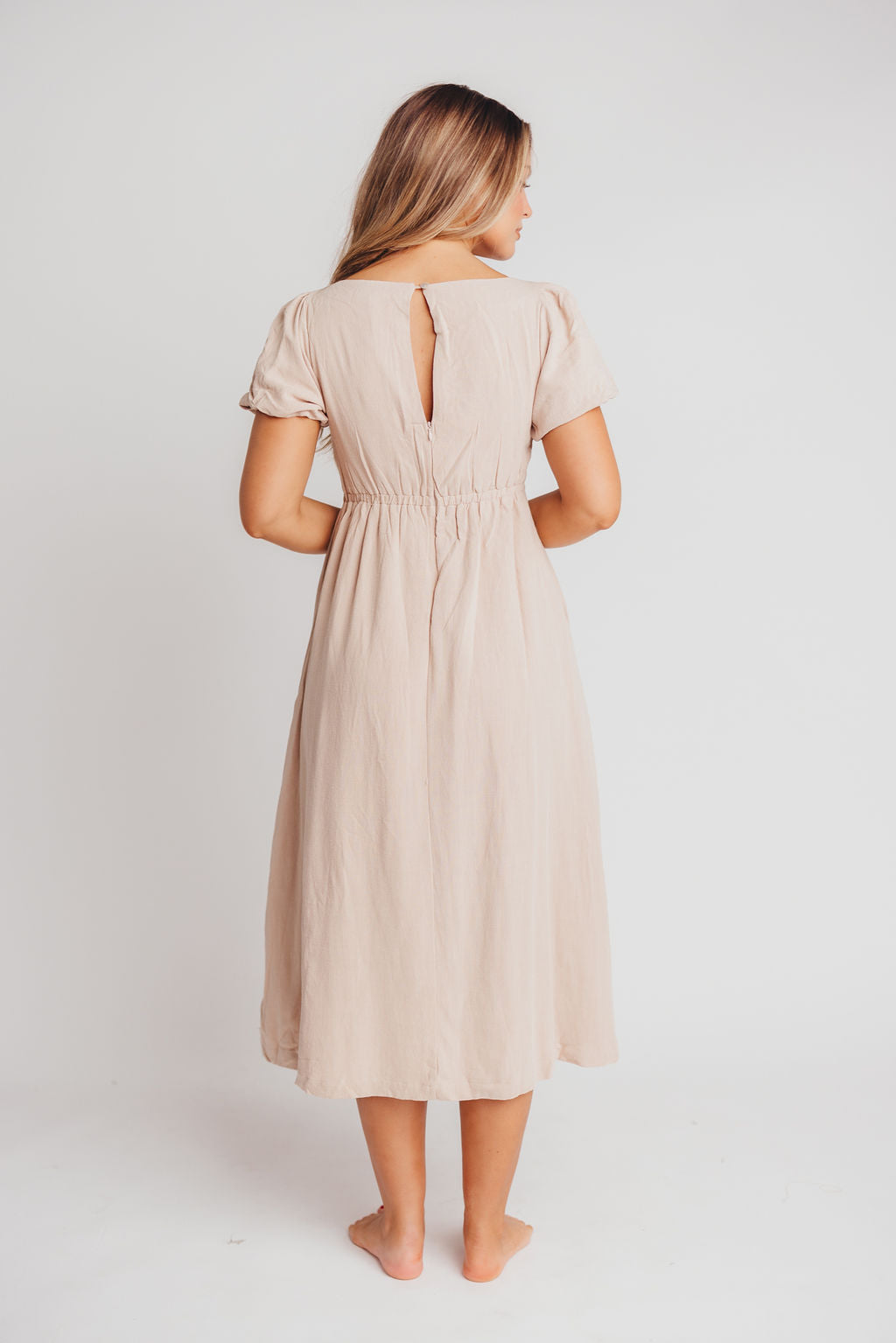 Ainsley Square Neck Midi Dress with Puffed Sleeves in Deep Taupe - Bump Friendly