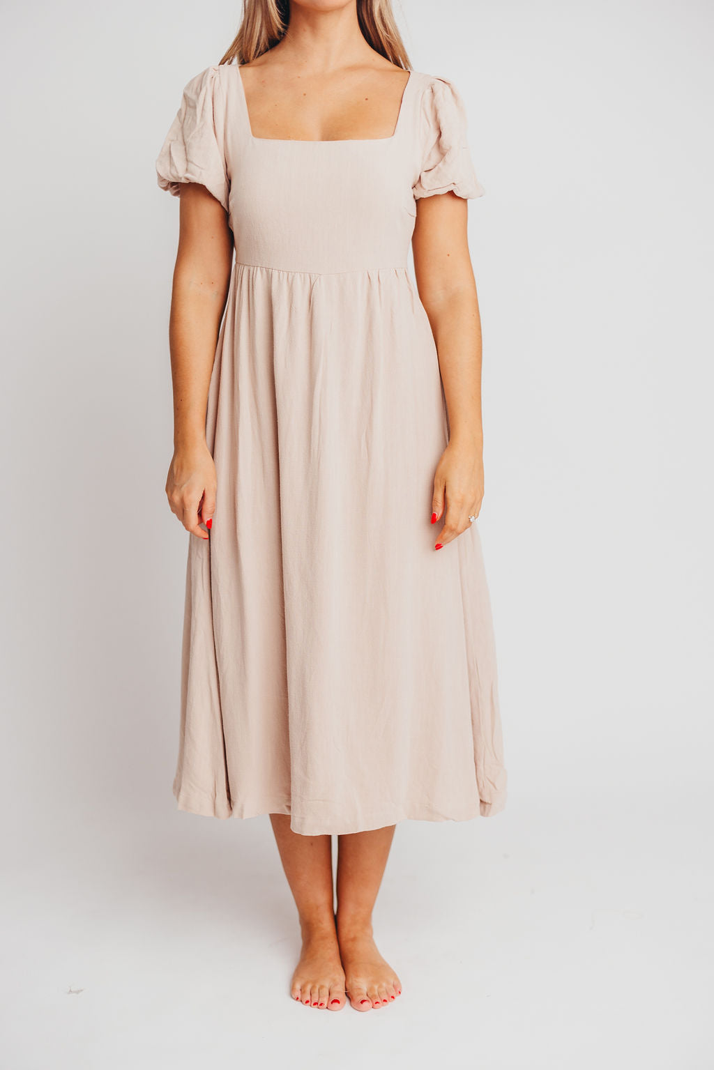 Ainsley Square Neck Midi Dress with Puffed Sleeves in Deep Taupe - Bump Friendly