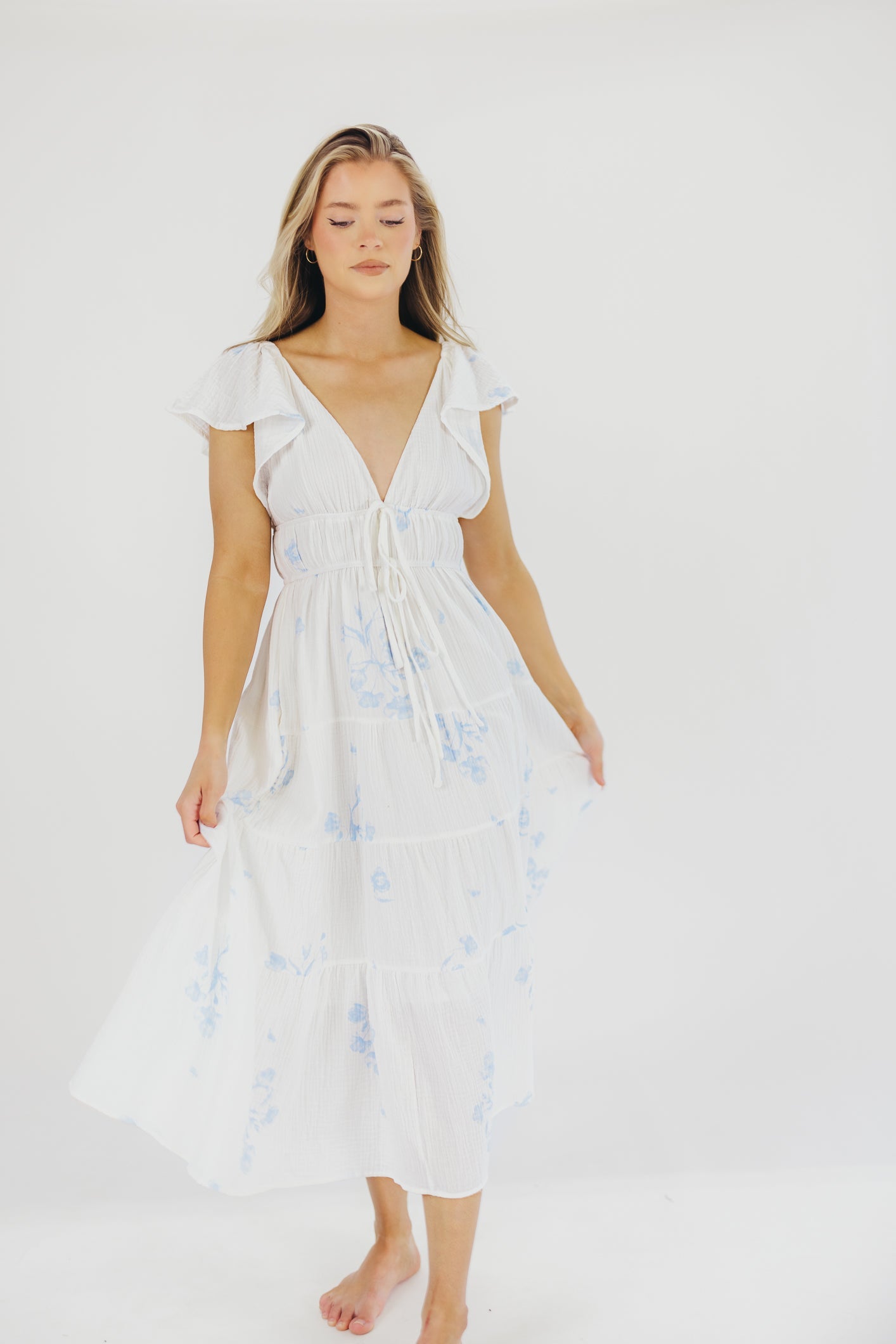 Blaire Ruffled Sleeve Midi Dress in Off-White Floral