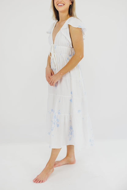 Blaire Ruffled Sleeve Midi Dress in Off-White Floral