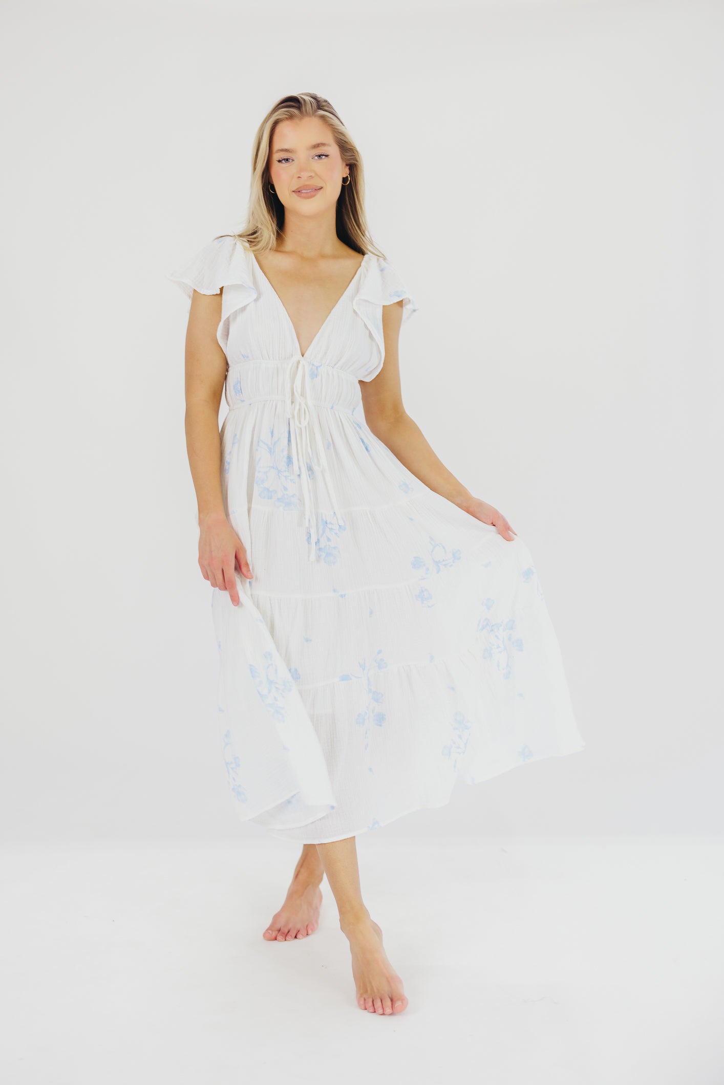 Blaire Ruffled Sleeve Midi Dress in Off-White Floral