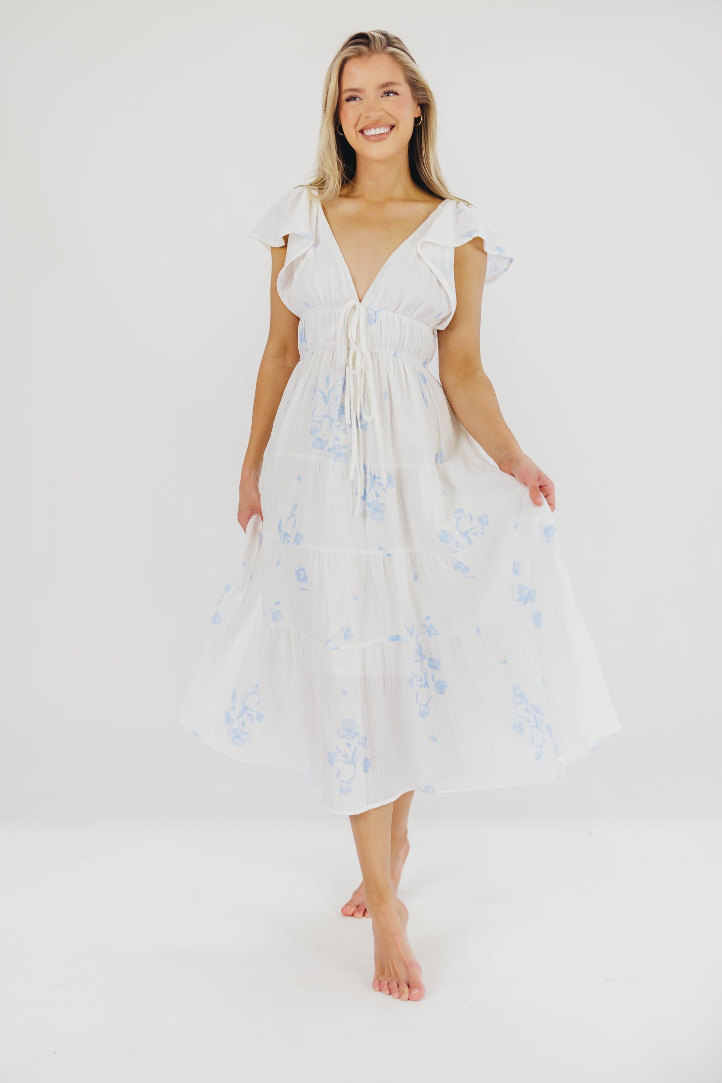 Blaire Ruffled Sleeve Midi Dress in Off-White Floral