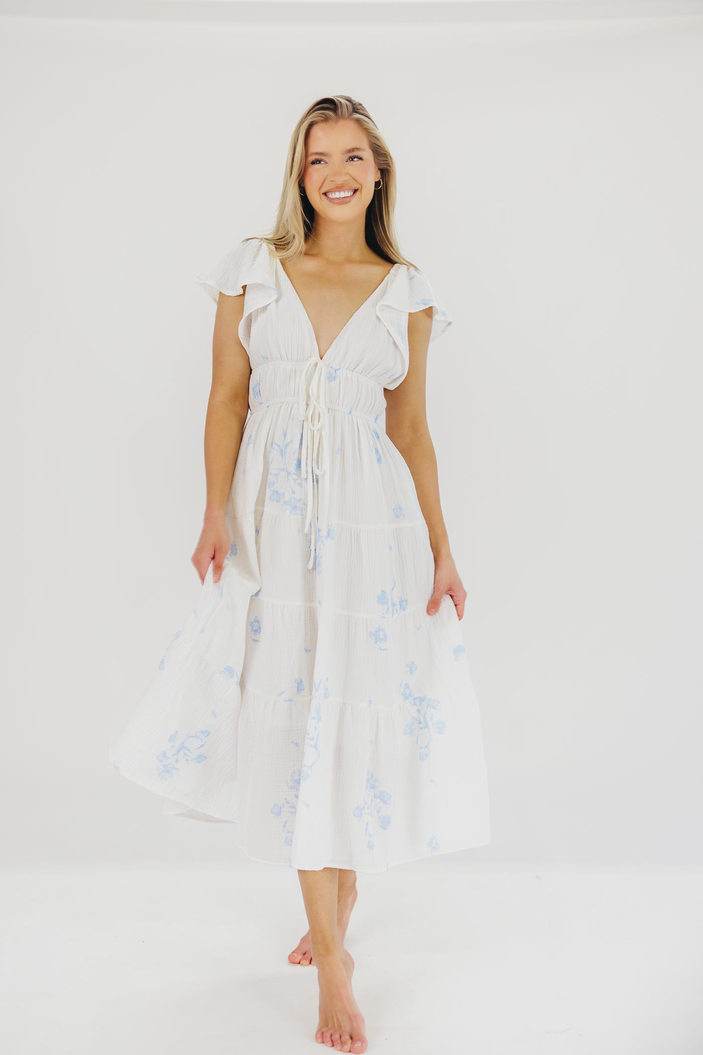 Blaire Ruffled Sleeve Midi Dress in Off-White Floral