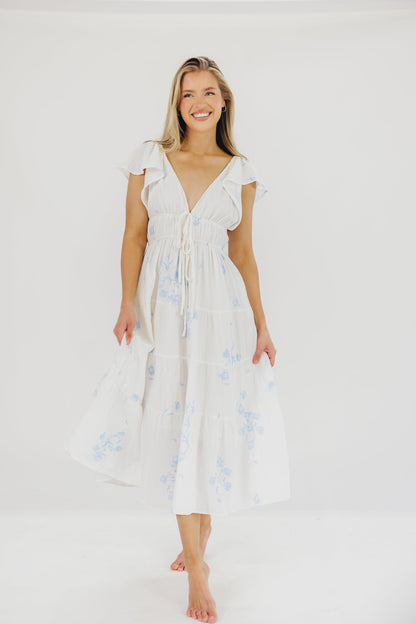 Blaire Ruffled Sleeve Midi Dress in Off-White Floral