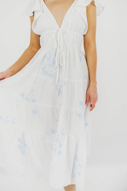 Blaire Ruffled Sleeve Midi Dress in Off-White Floral