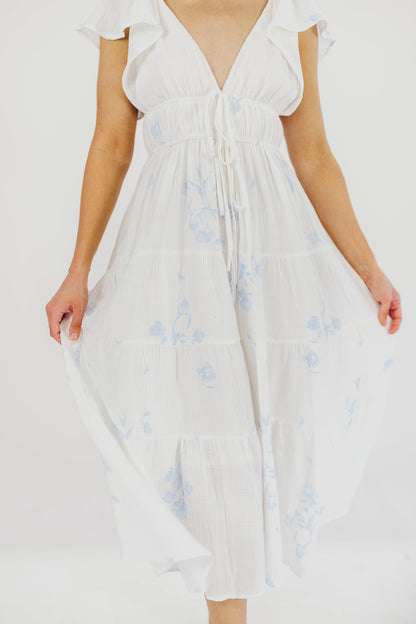 Blaire Ruffled Sleeve Midi Dress in Off-White Floral