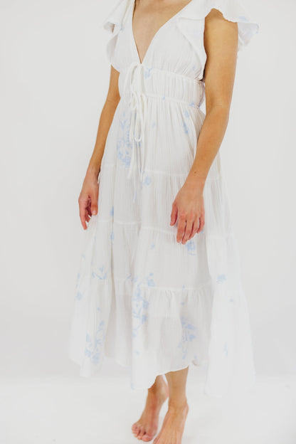 Blaire Ruffled Sleeve Midi Dress in Off-White Floral