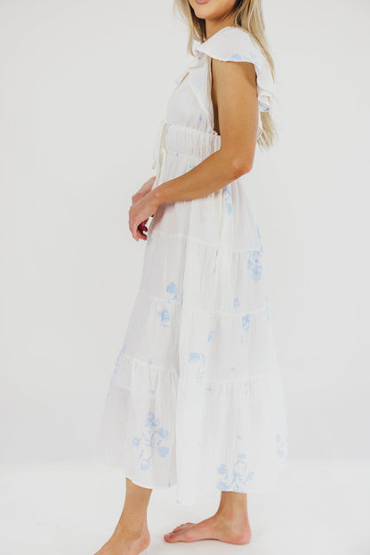 Blaire Ruffled Sleeve Midi Dress in Off-White Floral