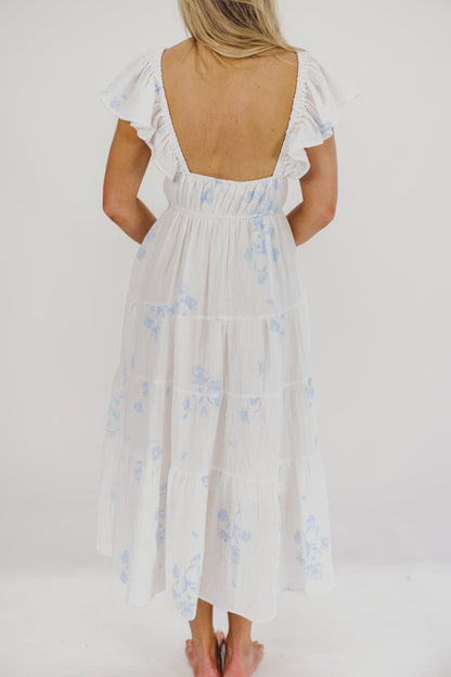 Blaire Ruffled Sleeve Midi Dress in Off-White Floral