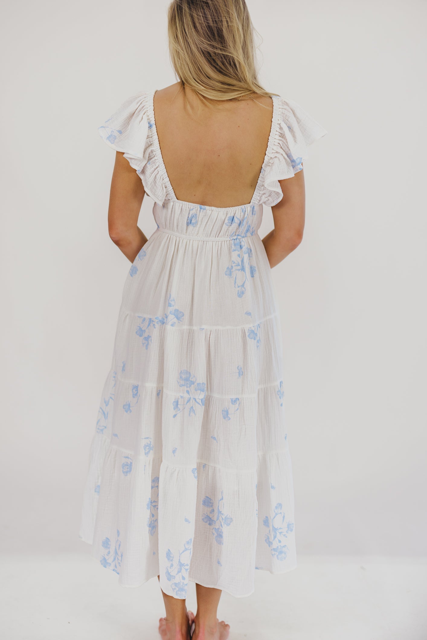 Blaire Ruffled Sleeve Midi Dress in Off-White Floral