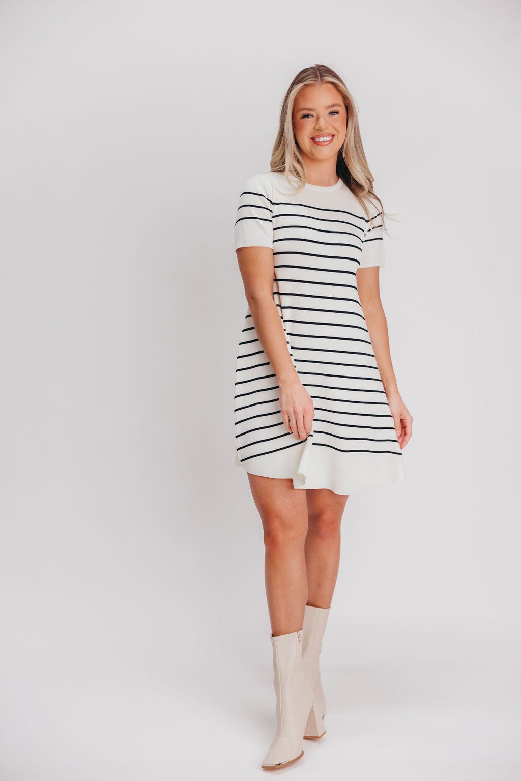 Audra Sweater Swing Mini Dress in Ivory/Black Stripe