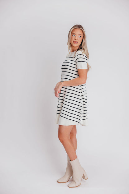 Audra Sweater Swing Mini Dress in Ivory/Black Stripe