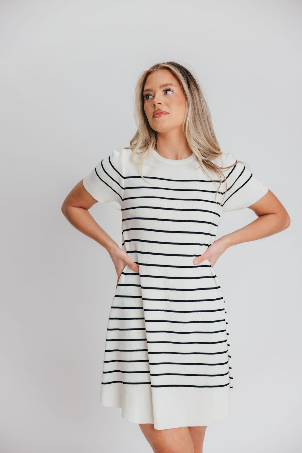 Audra Sweater Swing Mini Dress in Ivory/Black Stripe