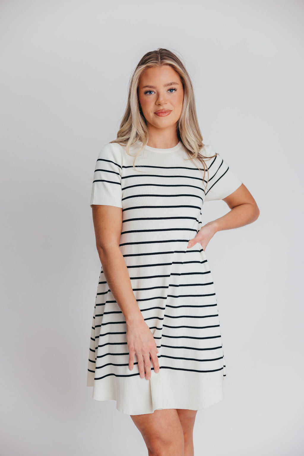 Audra Sweater Swing Mini Dress in Ivory/Black Stripe