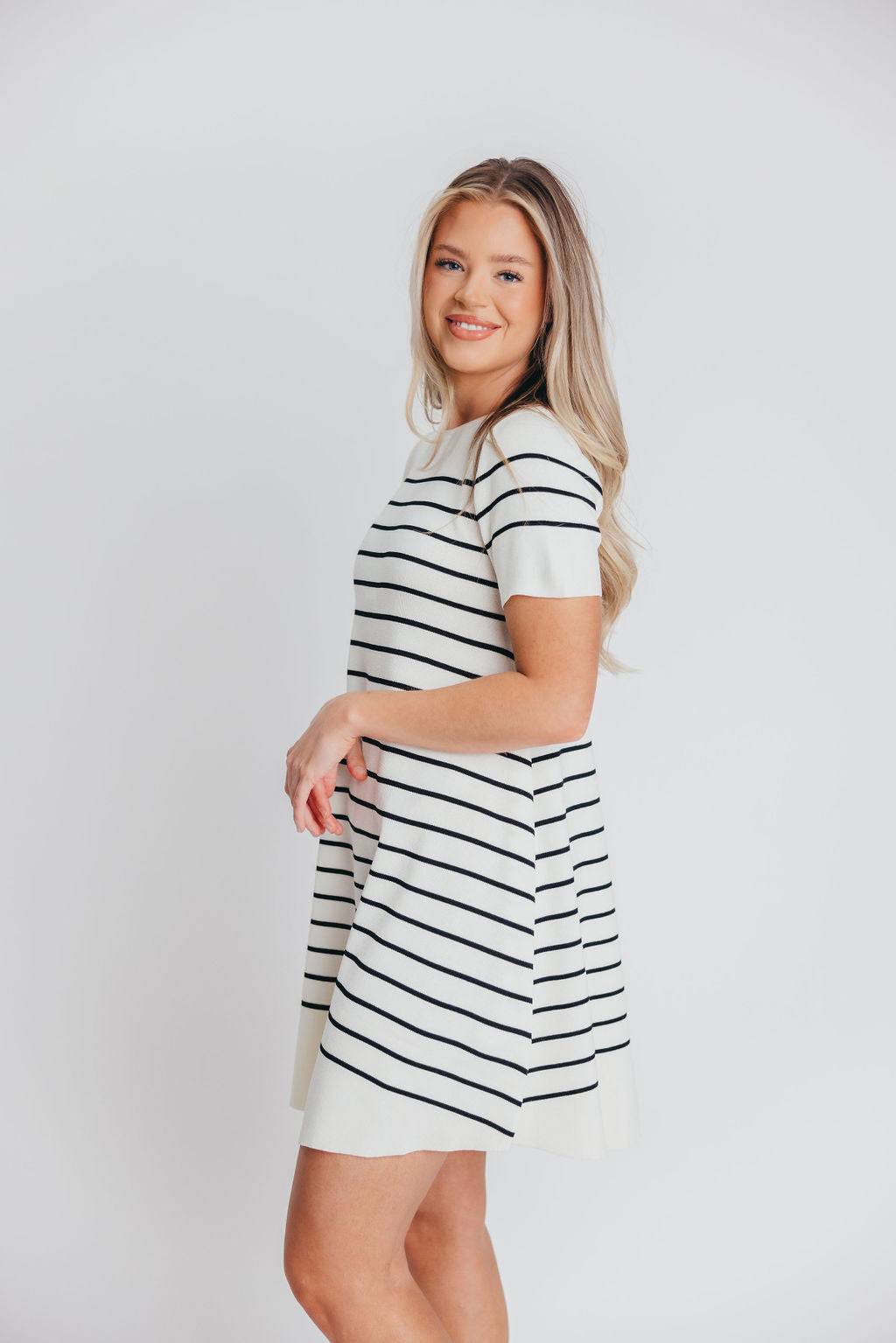 Audra Sweater Swing Mini Dress in Ivory/Black Stripe