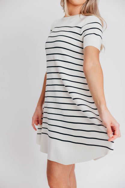 Audra Sweater Swing Mini Dress in Ivory/Black Stripe