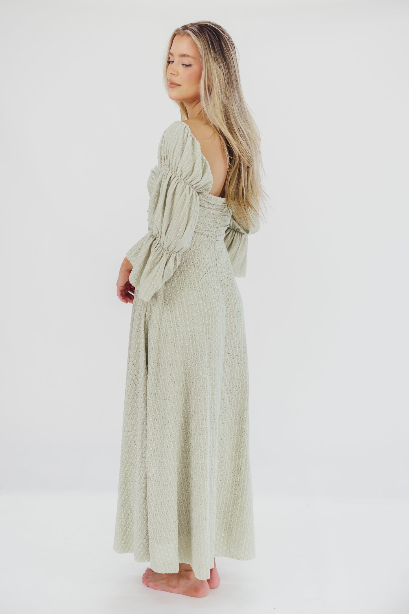 Corrine Tiered Sleeve Maxi Dress with Pockets in Light Olive Green - Bump Friendly