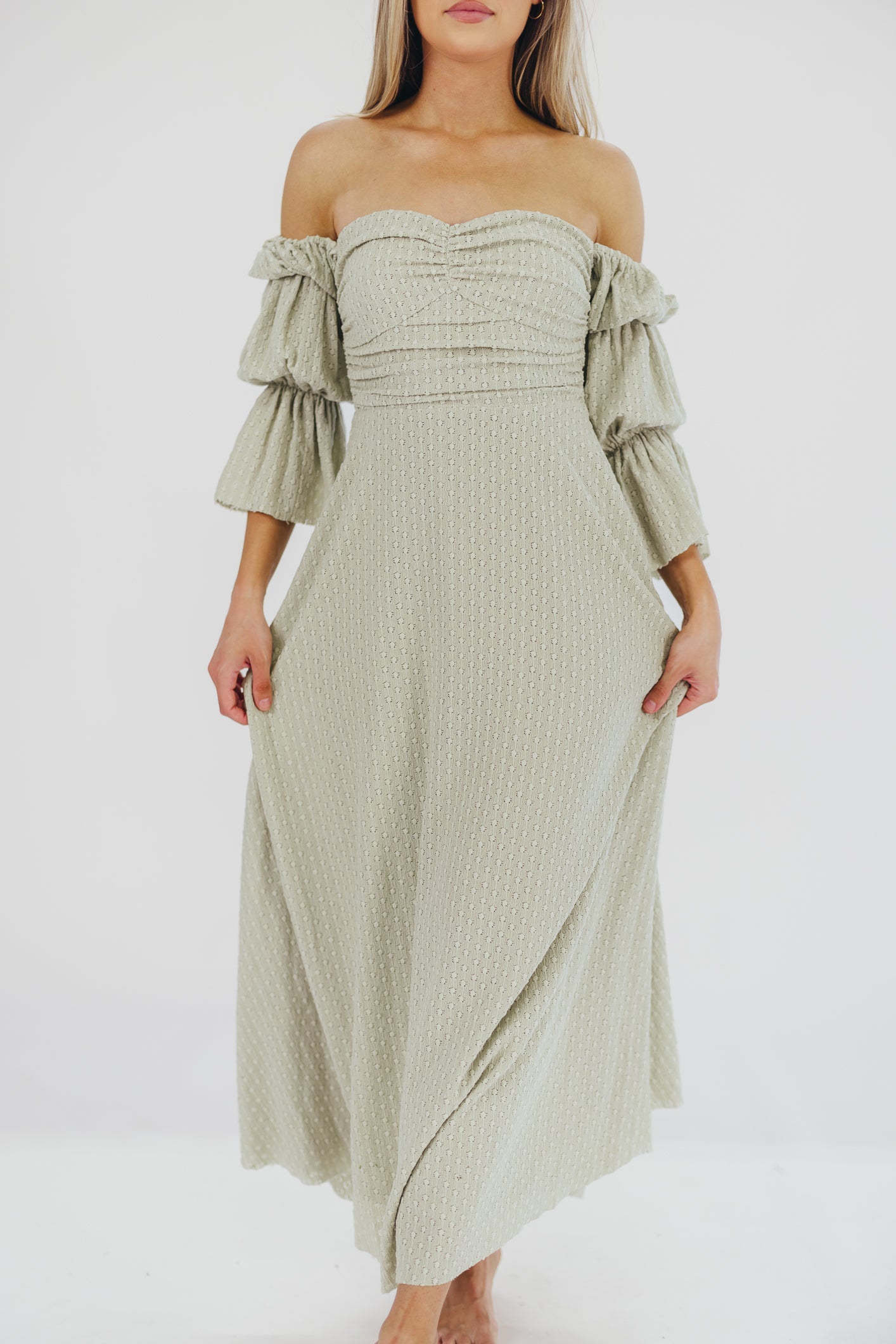 Corrine Tiered Sleeve Maxi Dress with Pockets in Light Olive Green - Bump Friendly